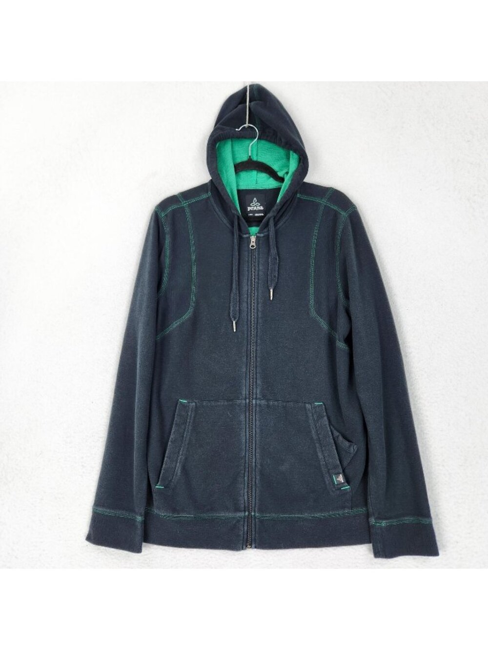 Prana Jacket Mens Large Blue Full Zip Knit Hoodie Pockets Hooded Casual